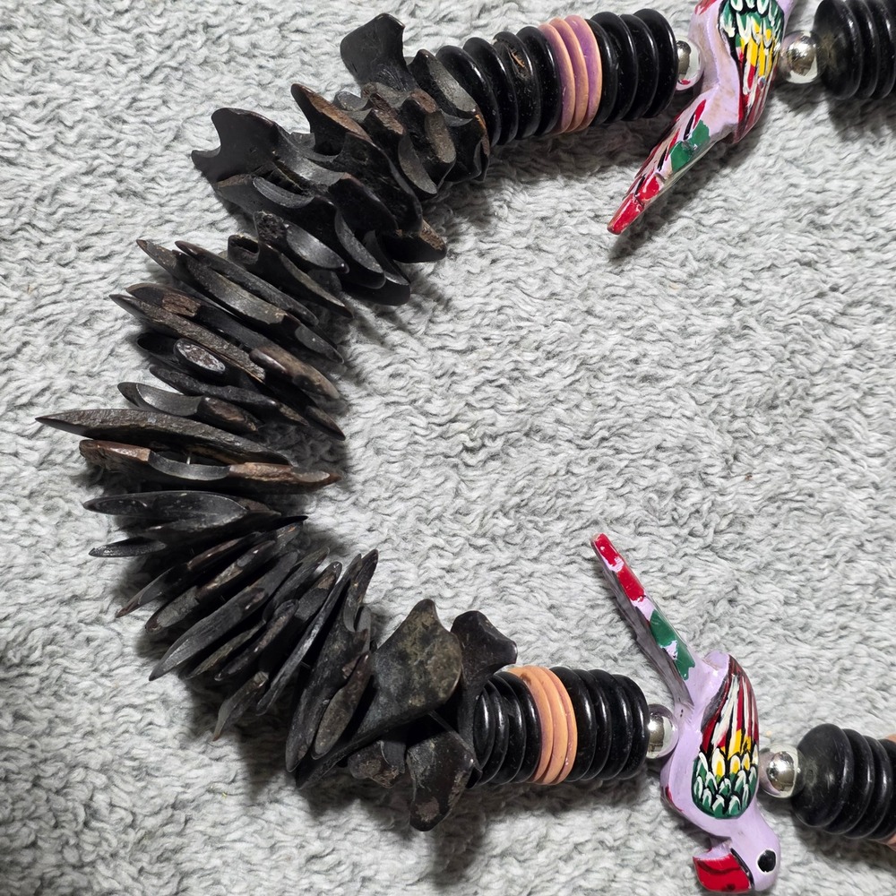 Vintage Tropical Parrot Statement Necklace Carved Wood Seed Pod Boho Island 22"